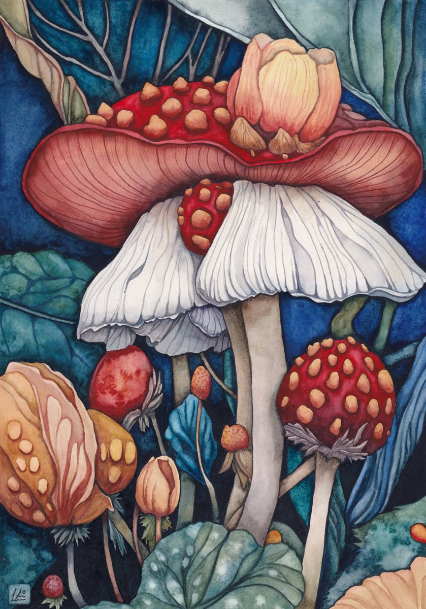 Surrealistic Watercolour , Mushroom Garden 1 By Lisa Lennon, 8 X 12, Artwork For Sale On Artfinder