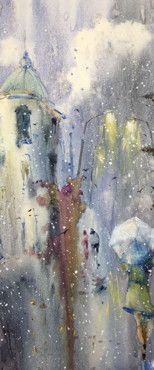 Watercolor "Blue rain” by Iulia Carchelan