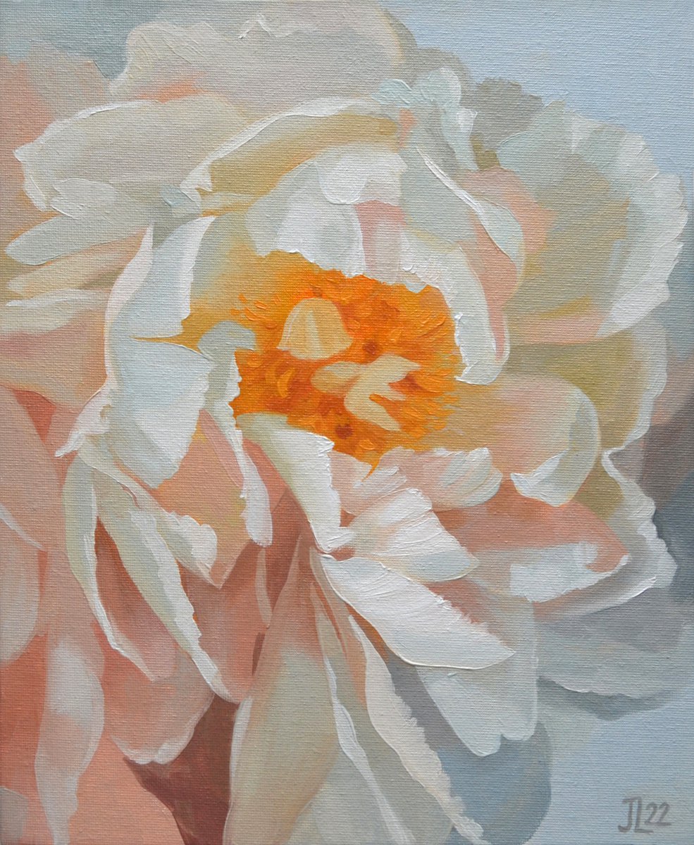 White Peony Flower Bloom Peonies Original Oil Painting Small Size Realistic by Julia Logunova