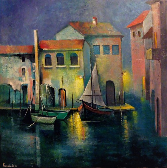 " Venice " Boats - 80 x 80cm Original Oil Painting