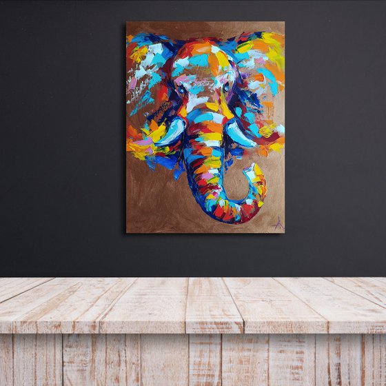 Steel - oil painting, elephant, elephant face, animal face, animals oil painting, impressionism, palette knife, gift, elephant portrait