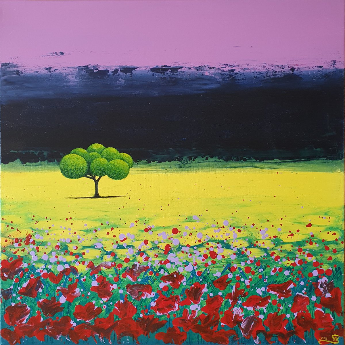 Expressive Landscape Acrylic Painting By Silvija Horvat, 24 X 24", Lone Poppy Heaven, Original Artwork