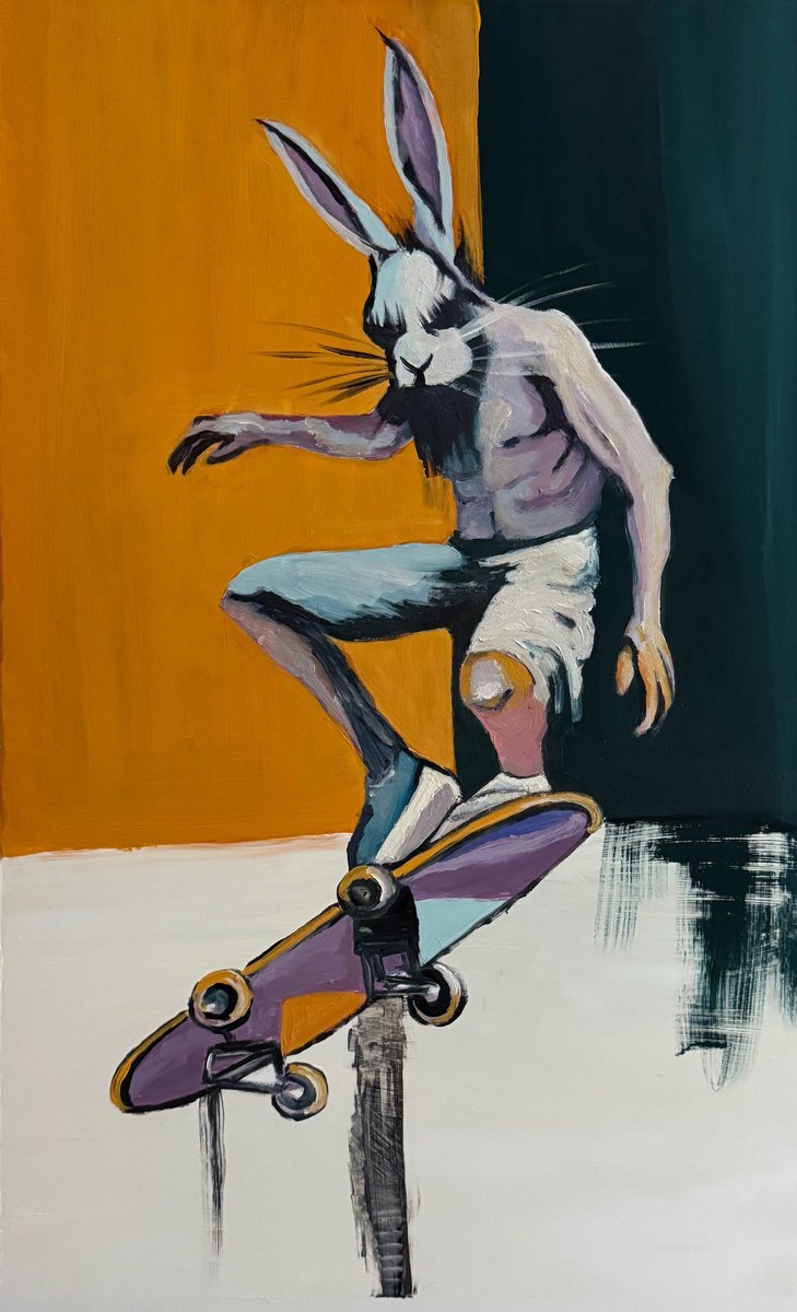 Illustrative Animal Oil Painting By Lola Jovan, 12 X 19", Rabbit, Irascible, Original Artwork