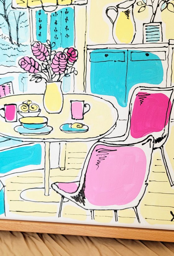 Kitchen with a yellow lamp