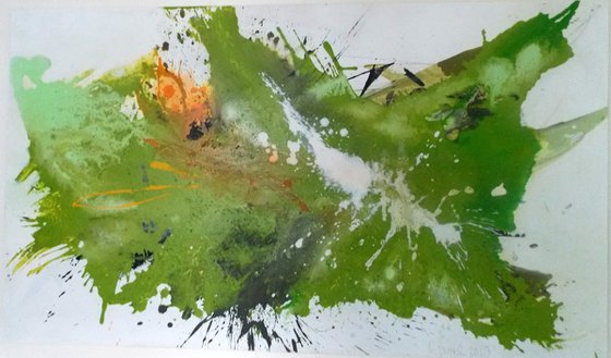 Longing for spring, green and orangeyellow canvasartwork