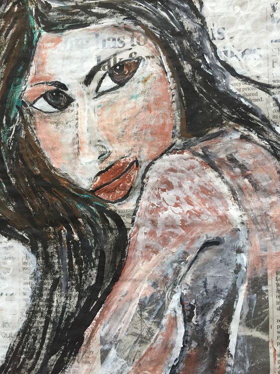 That Look on Newspaper Face Art Woman Portrait Sexy Look 37x29cm Gift Ideas Original Art Modern Art Contemporary Painting Abstract Art For Sale Free Shipping