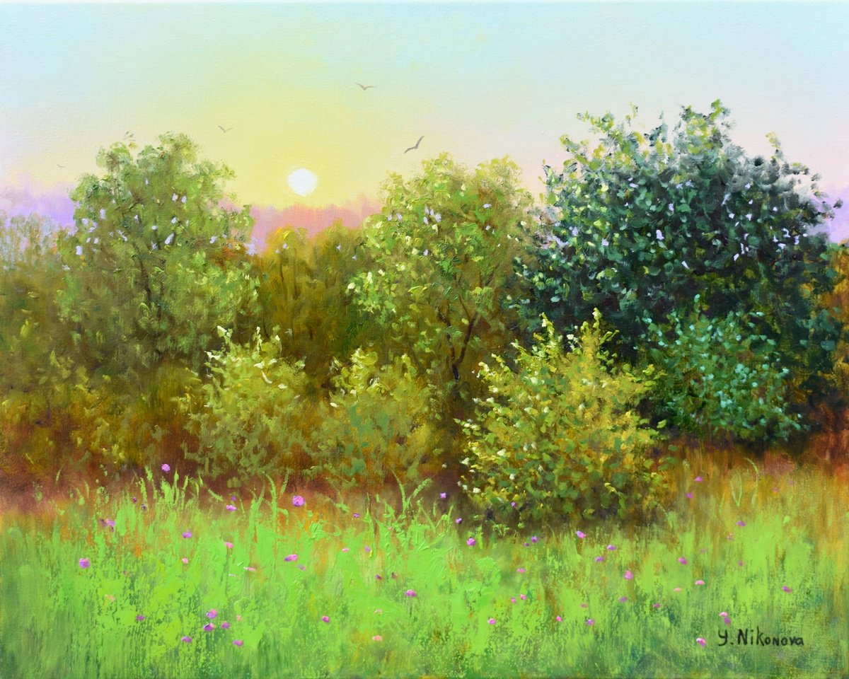 Impressionistic Landscape Oil Painting By Yulia Nikonova, 20 X 16", Clear Sunset, Original Artwork