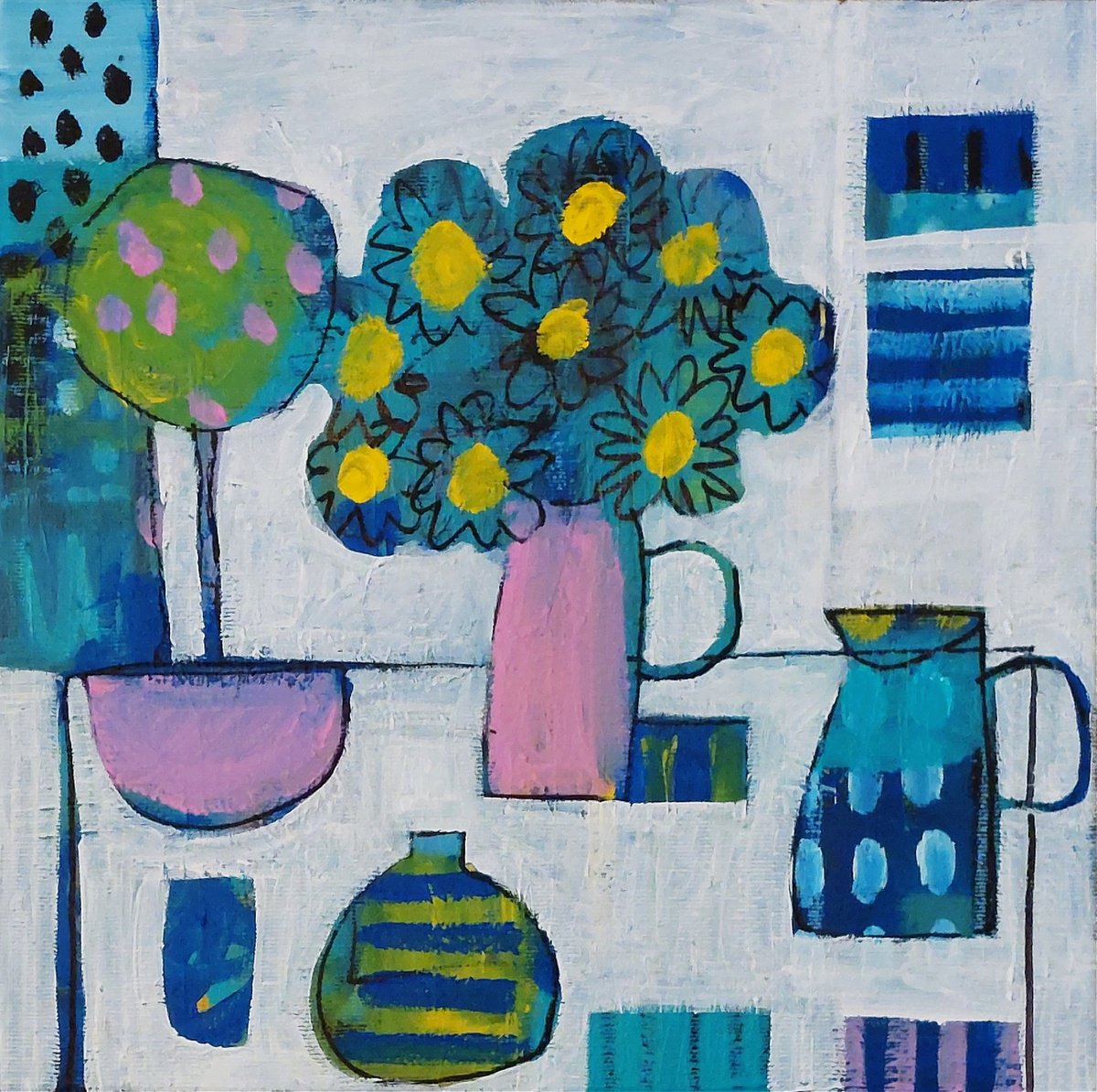 Abstract Still Life Acrylic Painting By Jan Rippingham, 12 X 12, Still Life With A Blue Jug, Original Artwork