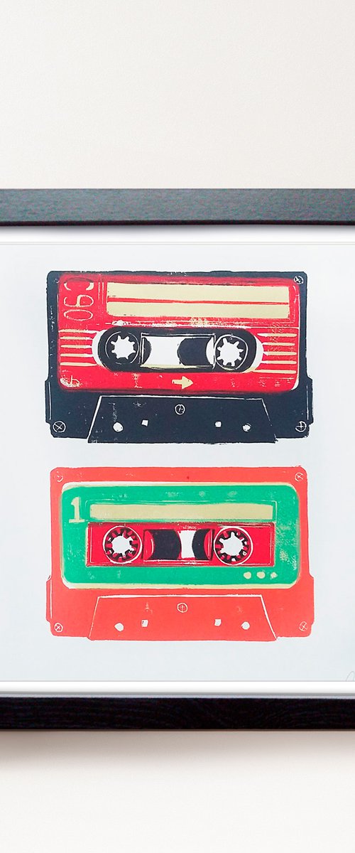 Linocut tapes duo #3 (cassette tapes, retro music, 70's, 80's rock culture) by Carolynne Coulson