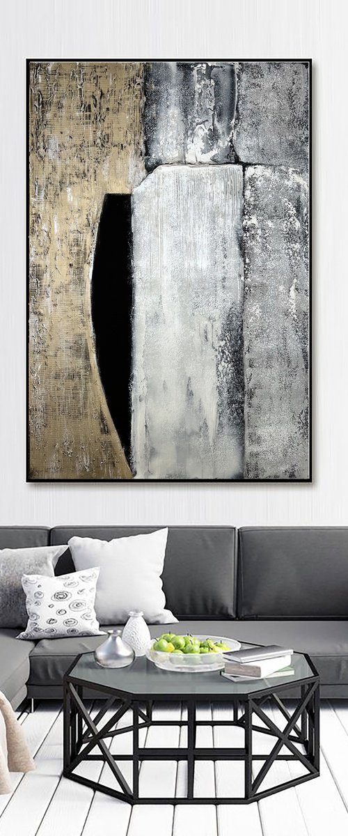Black Gray Silver Abstract on canvas. by Marina Skromova
