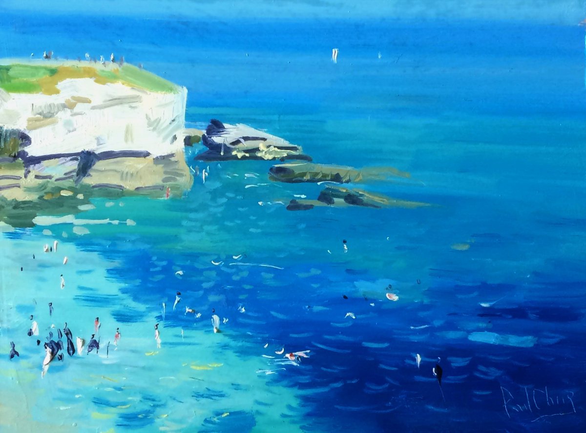 Impressionistic Landscape Oil Painting By Paul Cheng, 12 X 9", Deep Blue Ocean, Original Artwork