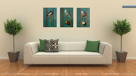 Still life with birds - triptych (24x35cm, 24x35cm, 24x35cm, oil painting, ready to hang)