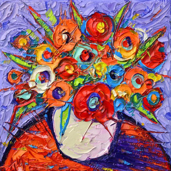 ABSTRACT POPPIES AND COLOURFUL WILDFLOWERS - contemporary impressionist impasto palette knife original oil painting gift
