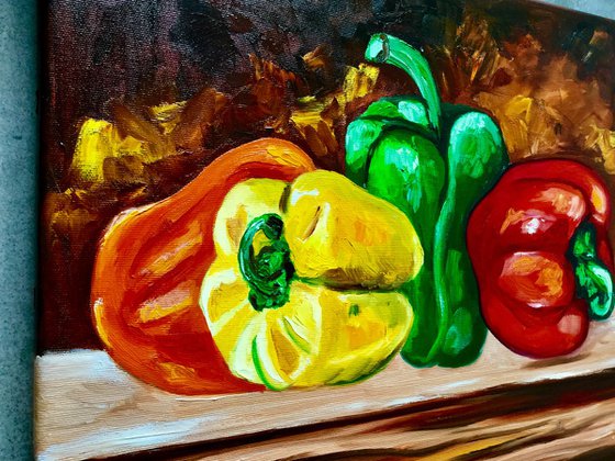 Peppers. Still life, vegetables, oil painting