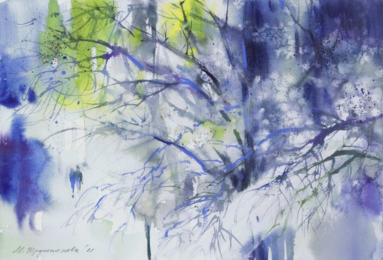 Walking in the winter forest. Watercolour by Marina Trushnikova. Winterscape, abstract landscape, A3 watercolor
