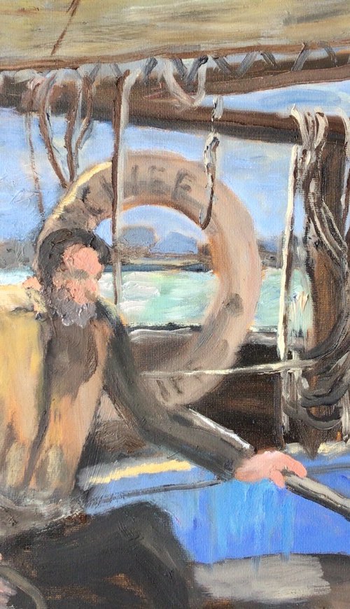 At the helm, an original maritime oil painting. by Julian Lovegrove Art