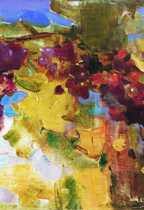 Vineyards in a mountain village Grape Gifts of autumn Original oil painting by Helen Shukina