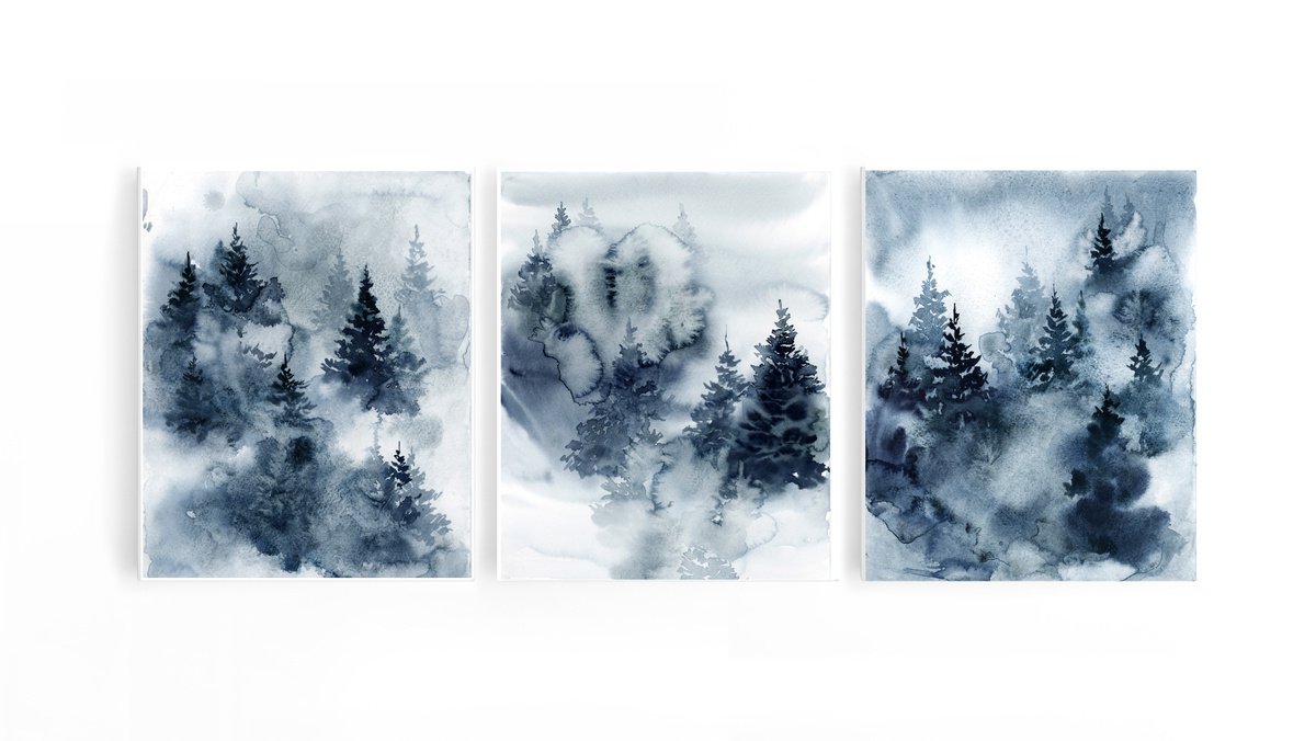 Pine trees forest in blue triptych Original watercolor painting by Sophie Rodionov