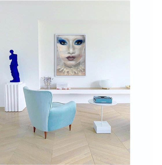 Jazelle | beautiful model with blue eye shadow painting in oil on canvas large contemporary portrait female model