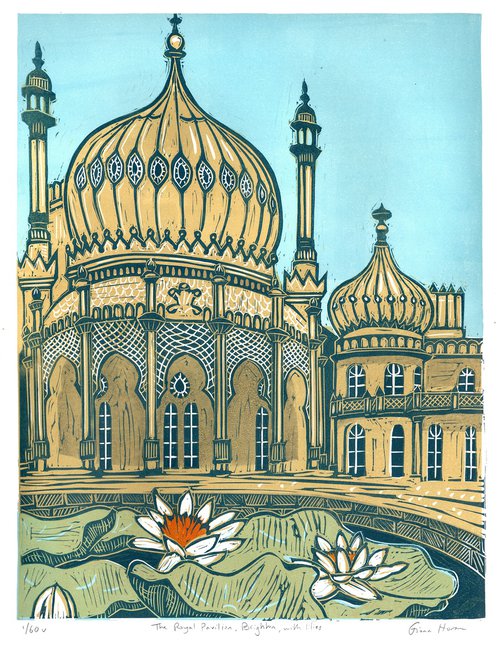 The Royal Pavilion, Brighton, with lilies. Large Limited Edition linocut No.1 by Fiona Horan
