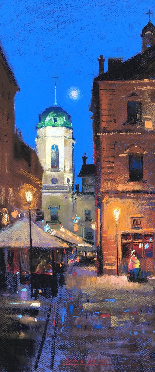 Night lights Ukrainian city of Lviv. Soft pastel drawing 25.5х12.7 inch (65x32.5 cm) by Andrii Kovalyk