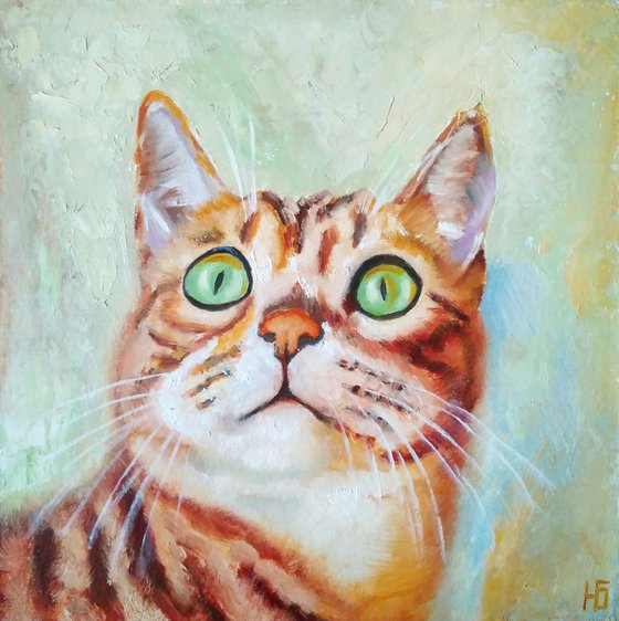 Cute Cat Portrait Artwork Cat Oil Painting Funny Pet Wall Art Kitten Art