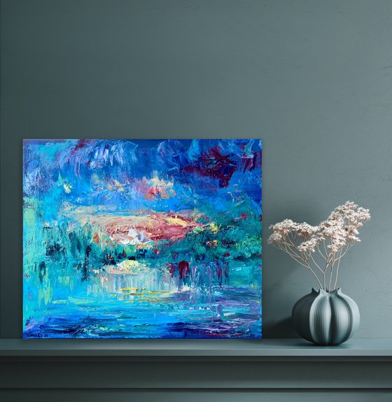 Sunset - Explosion of color, 50*60cm, abstract impressionistic landscape oil painting with a bit texture