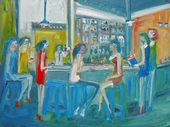 GIRLS, FASHION MODELS, RESTAURANT for WINE. Original Oil Figurative Painting. Varnished.