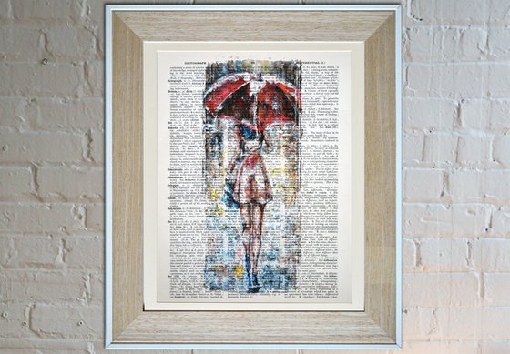 Red Umbrella - Collage Art on Large Real English Dictionary Vintage Book Page