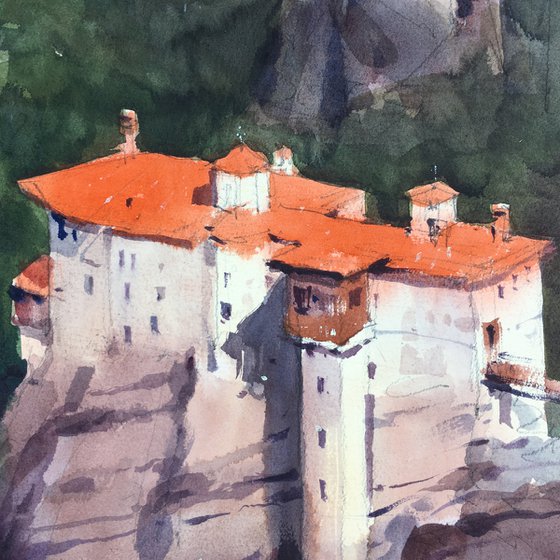 The original watercolor painting "Meteora, Greece. Rusanou Monastery"