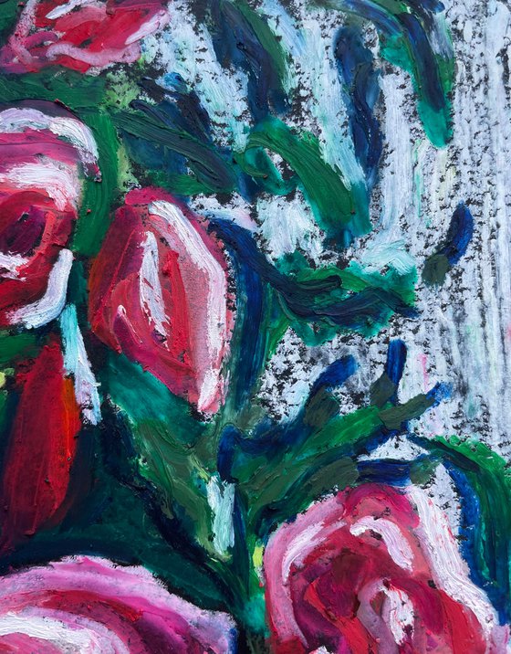 Rose Original Panting, Oil Pastel Painting, Hand Painted Card, Gifts for Her, Dark Floral Wall Art