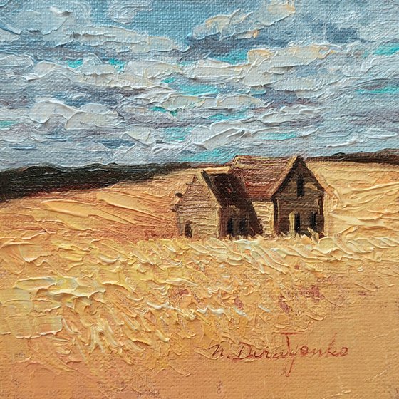 Barn in yellow field oil painting original canvas board art 4x4, Hot Landscape mini oil painting