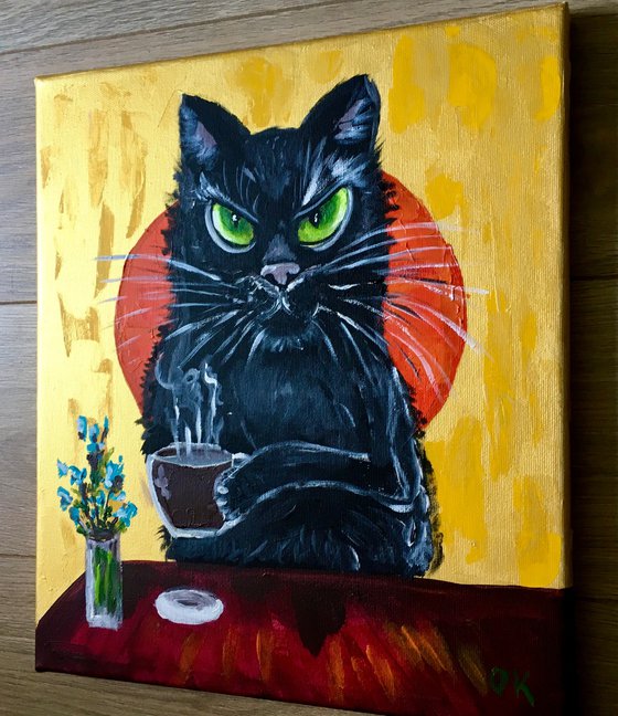 Coffee cat. Lucky black coffee  cat brings positive emotions in your life.