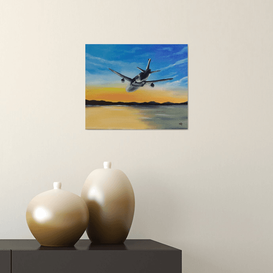 First flight, sky plane oil painting, Gift, impressionistic work