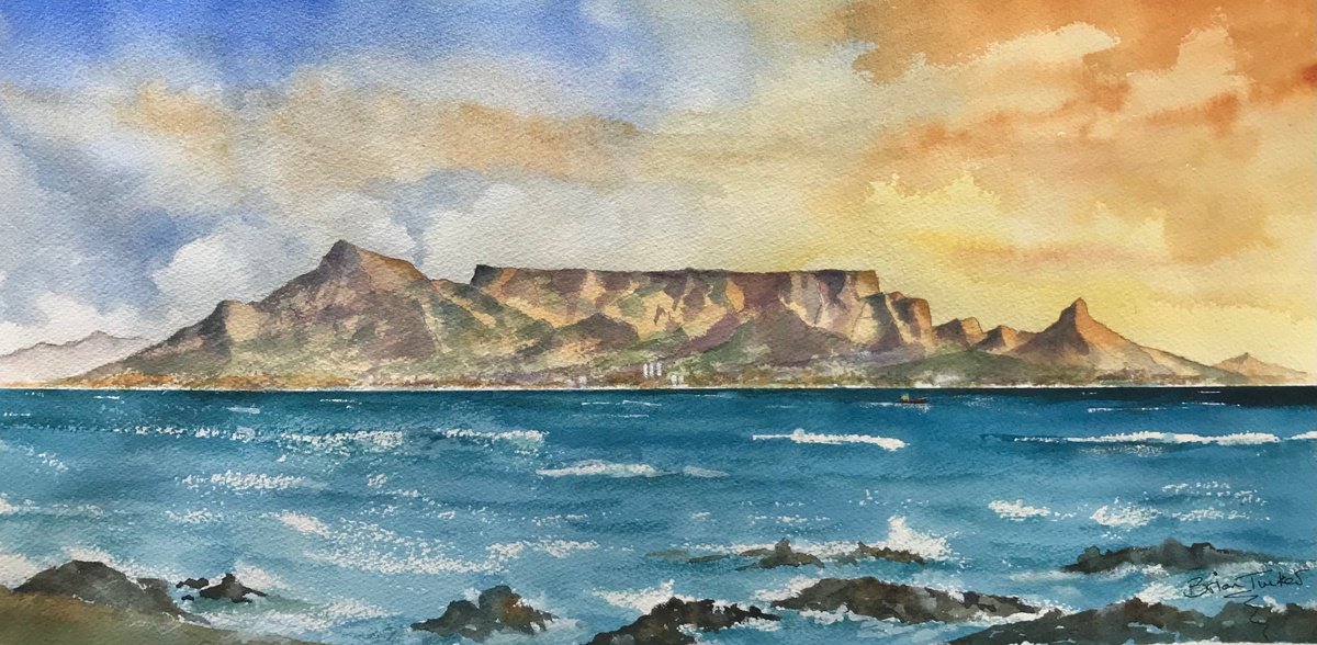 Impressionistic Landscape Watercolour By Brian Tucker, 21 X 10, Table Mountain, Capetown, Original Artwork
