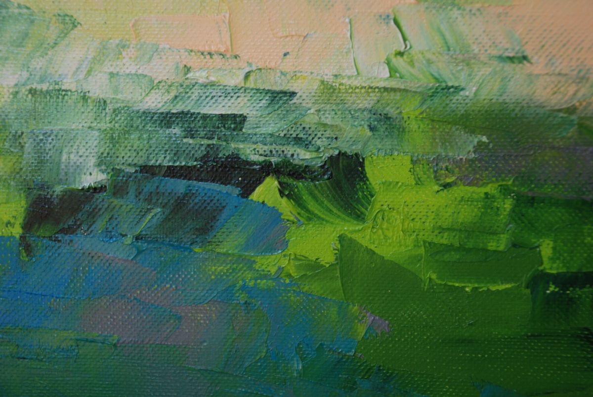 Abstract Landscape Oil Painting By Saroja Van Der Stegen, 15 X 10", Blue Green (Ref#:480-4P), Original Artwork