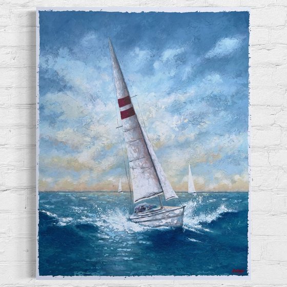 “SEASCAPE #18 WITH SAILBOATS”