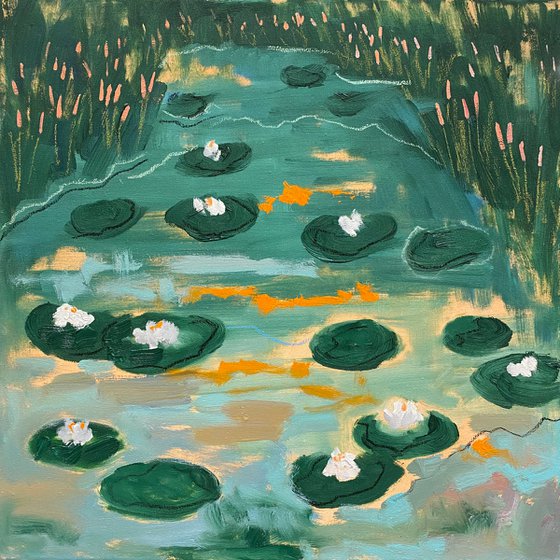 Water lilies — contemporary landscape with optimistic and positive energy on stretched canvas