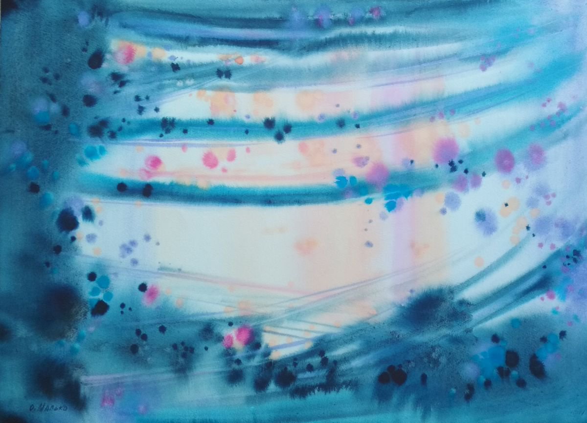 Dreams before dawn / Abstract watercolor Blue purple painting by Olha Malko