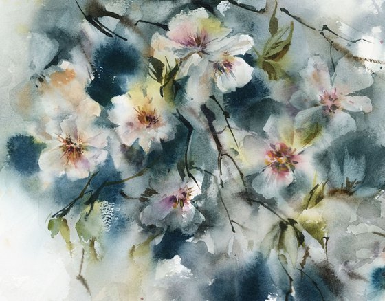 Almond Florals Watercolor Painting, Blossoms Painting, Flowers Watercolour Art