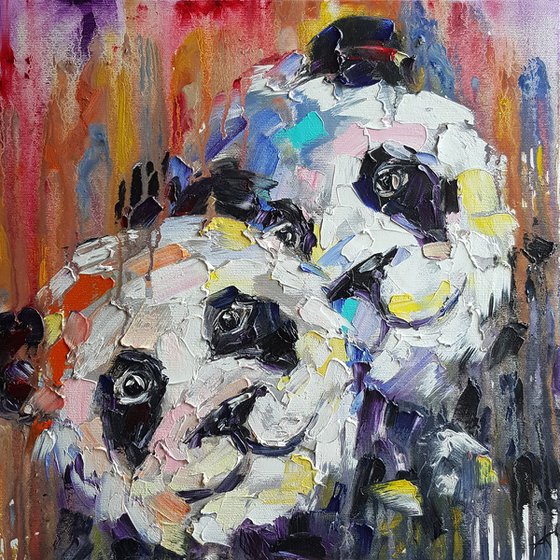 Love at first sight - pandas, animals, oil painting, panda, love pandas, animals oil painting