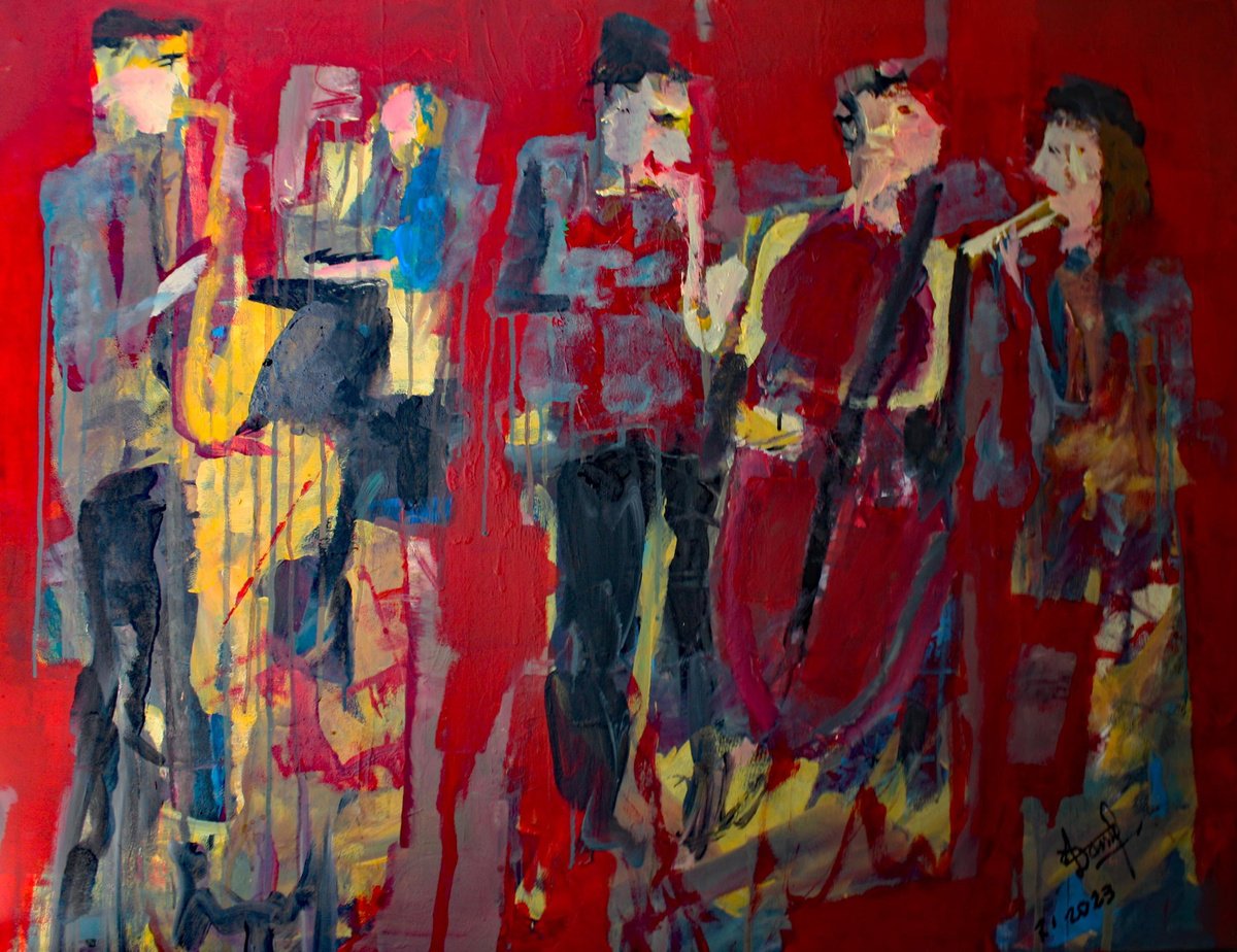 Expressive Portrait Acrylic Painting By Jacques Donneaud, 45 X 35, Repetition De Jazz, Original Artwork