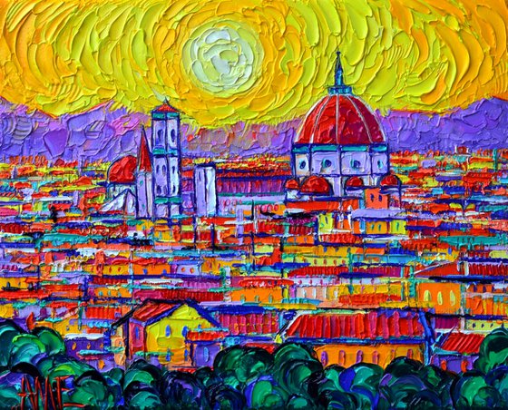 FLORENCE SUNSET OVER DUOMO FROM PIAZZALE MICHELANGELO abstract cityscape textural impasto palette knife oil painting Ana Maria Edulescu