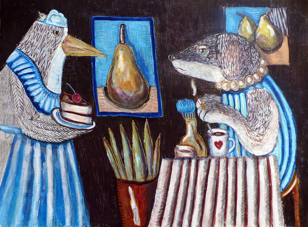 Surrealistic Painting , Tea With A Bird And A Beast By Elizabeth Vlasova, 25 X 20, Artwork For Sale On Artfinder