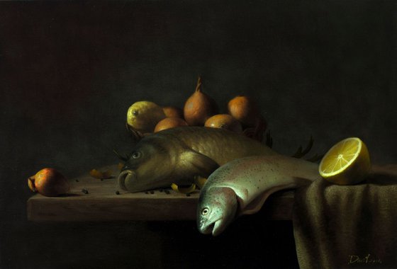 A wild rainbow trout, 41 x 61 cm, oil on canvas, original classic still life