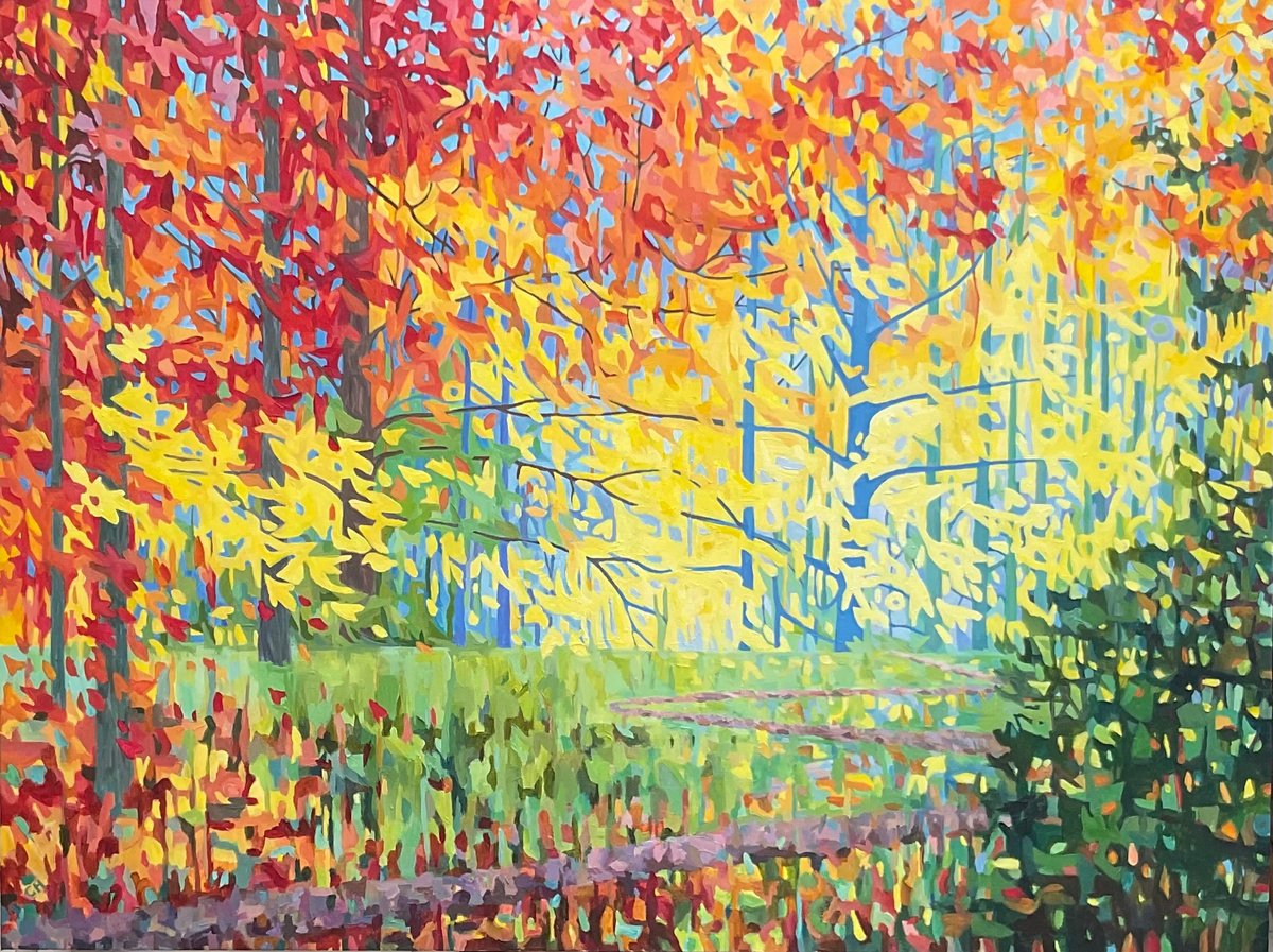 Impressionistic Landscape Acrylic Painting By Christine Harrison, 48 X 36, Autumn Fire, Original Artwork