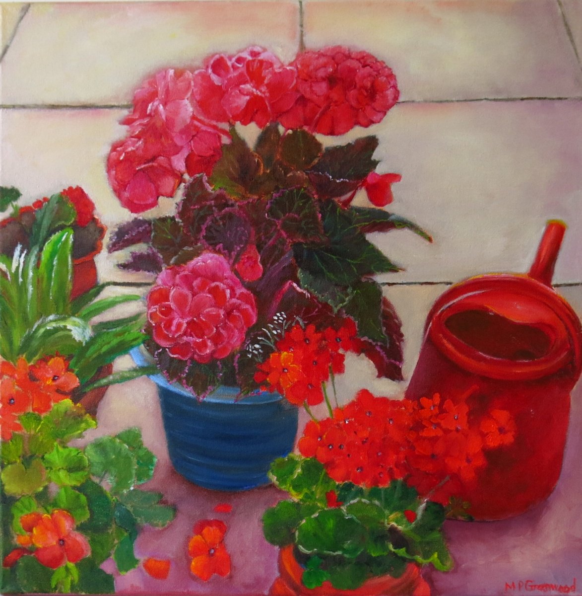 Impressionistic Botanical Oil Painting By Maureen Greenwood, 20 X 20", Geraniums And Begonias, Original Artwork