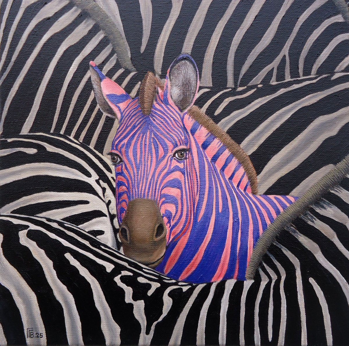 Urban And Pop Animal Oil Painting By Grigor Velev, 14 X 14, Breaking The Pattern, Original Artwork