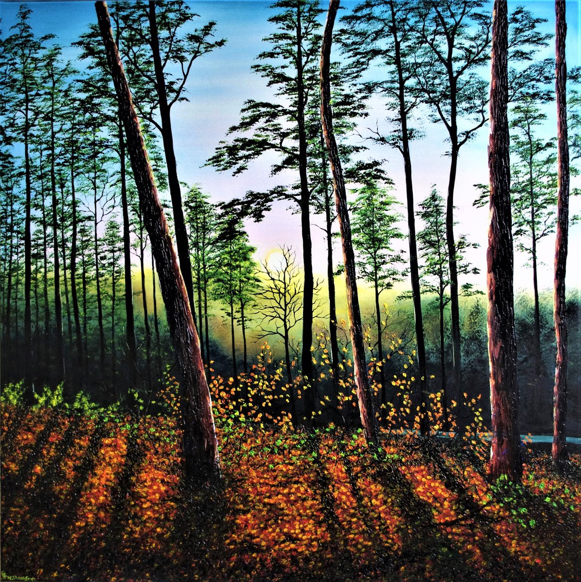 Impressionistic Landscape Oil Painting By Hazel Thomson, 39 X 39, Autumn Sunset, Original Artwork