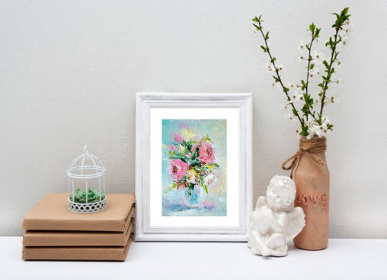 Roses Painting Original Art Floral Oil Painting Flower Bouquet Artwork Small Wall Art